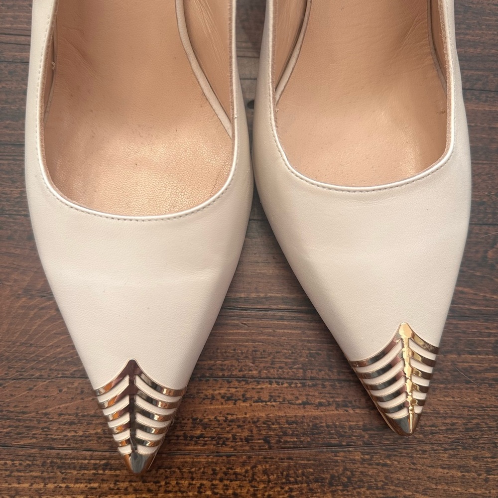 Elegant Cream Leather Women's Shoes with Gold Accents
